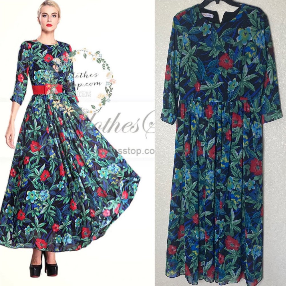 Differentes Women's 3/4 Sleeve Floral Tropical Print Maxi Dress Size XXL